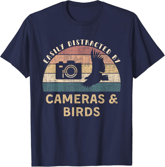 Easily Distracted By Cameras Birds Retro Funny Photographer T-Shirt - T-Shirt | Navy