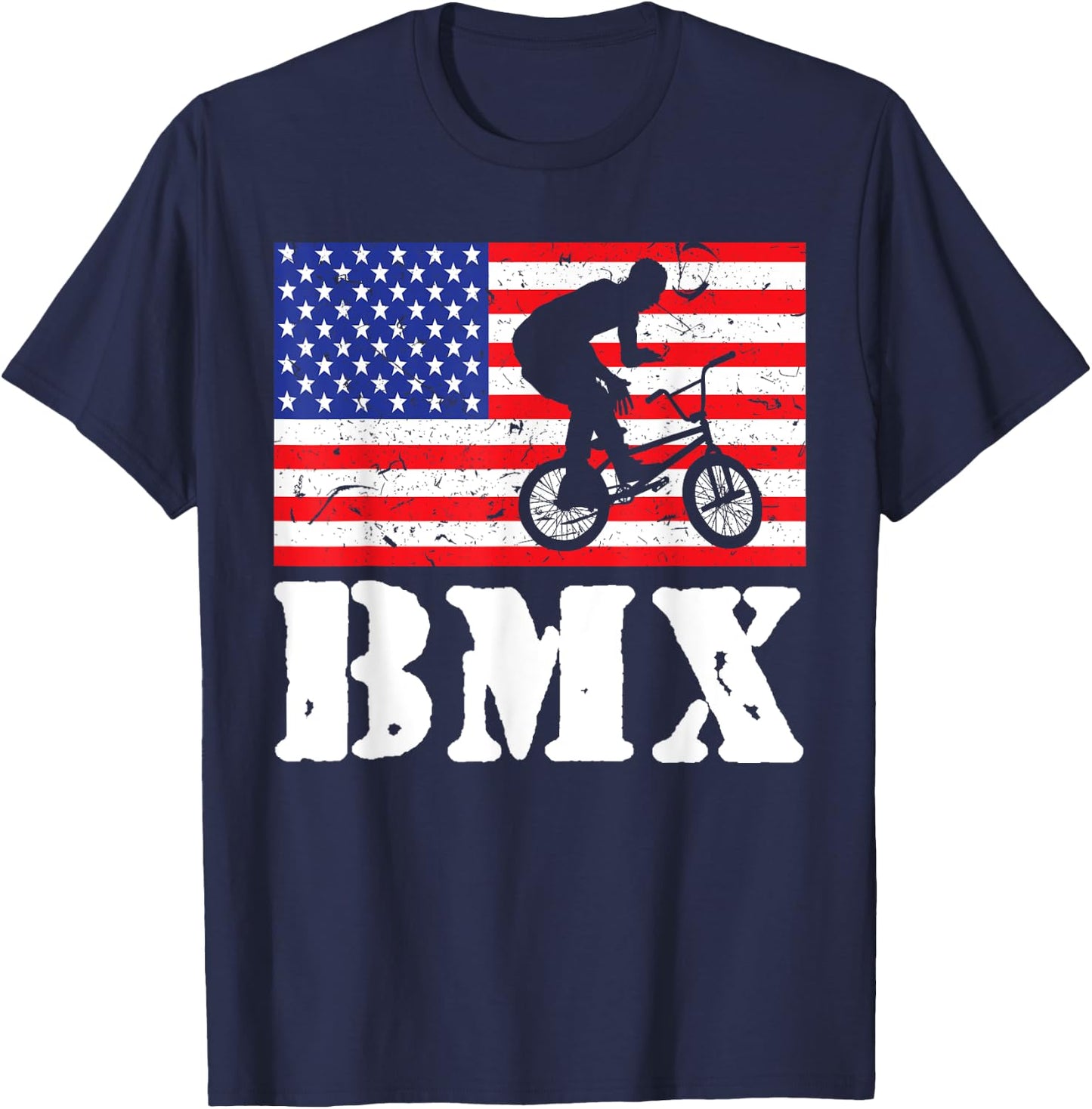 Distressed BMX Riding USA American Flag Vintage Bike Rider Women Kids Men T-Shirt - T-Shirt | Navy