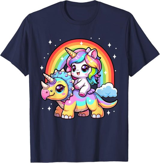 Cute Unicorn Riding Dinosaur Triceratops Girls Kids Rainbow T-Shirt - T-Shirt | Navy