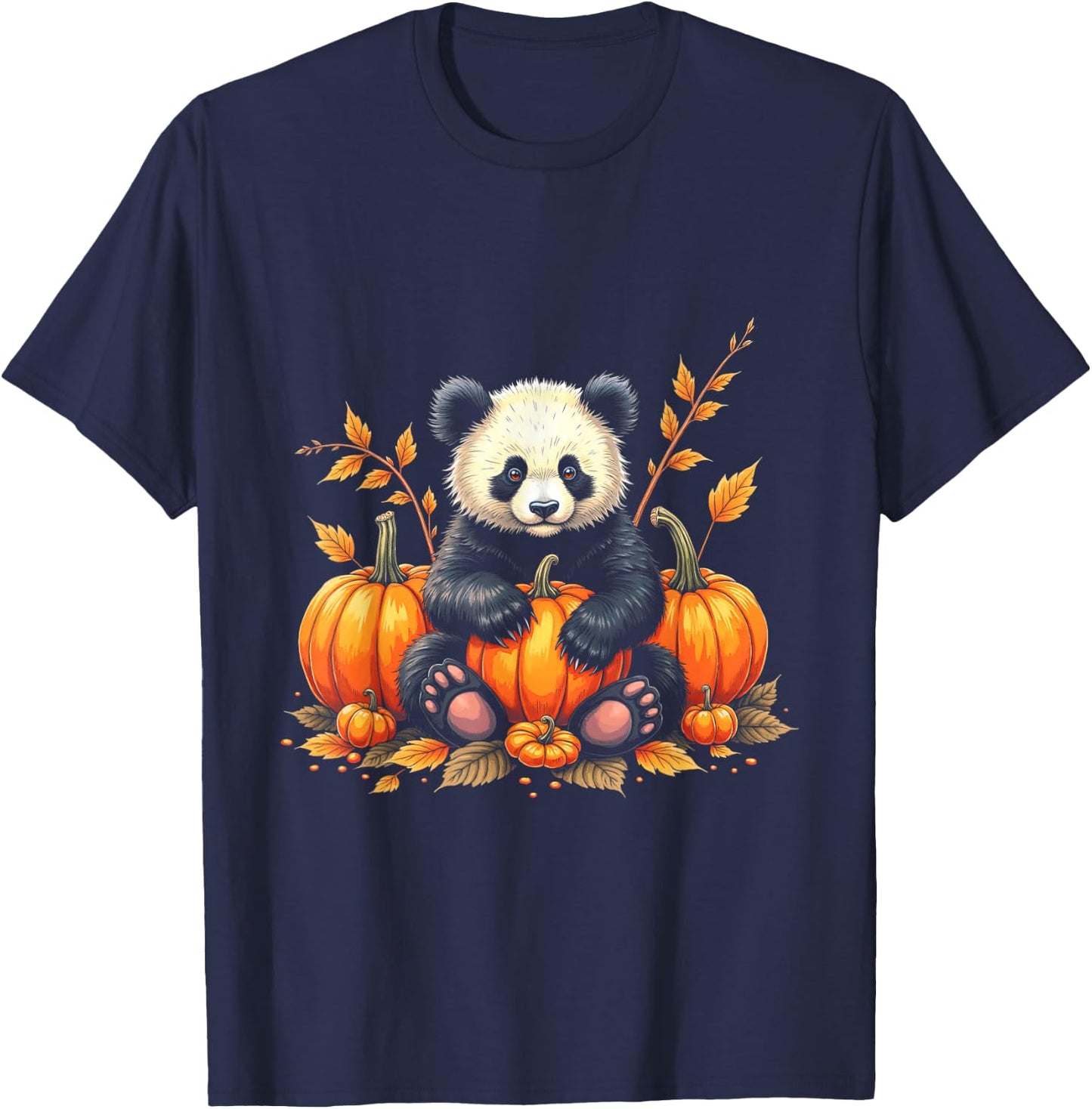 Adorable Panda Fall Vibes Autumn Pumpkins Thanksgiving T-Shirt - T-Shirt | Navy