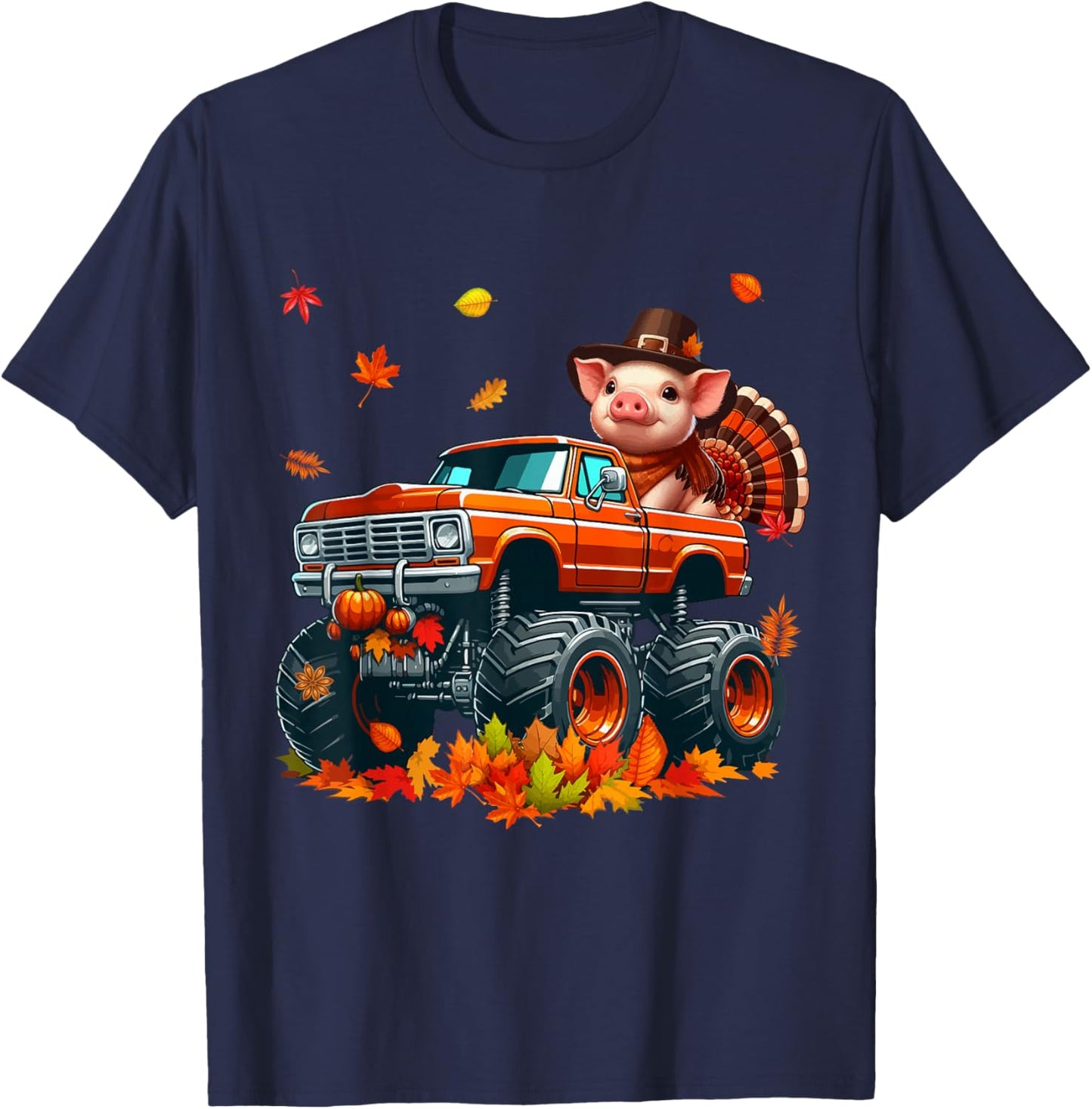 Pig Cosplay Turkey On Monster Truck Thanksgiving Farmer T-Shirt - T-Shirt | Navy