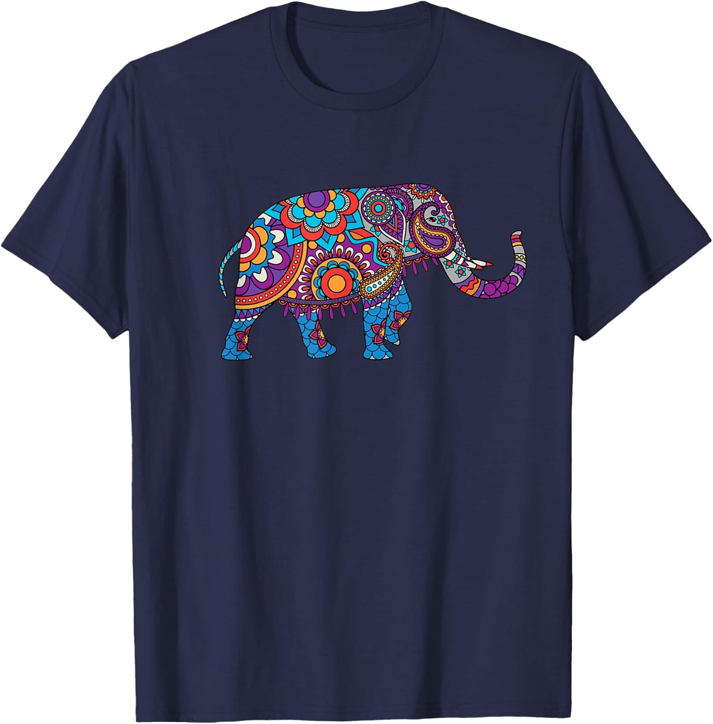 Colorful Indian Elephant Floral Patterns Elephant Art T-Shirt - T-Shirt | Navy