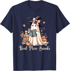Ghost Reading Book Coquette Bow Halloween Girl Kid Teacher T-Shirt - T-Shirt | Navy
