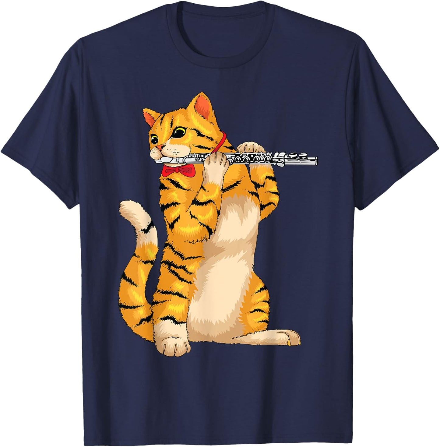Funny Cat Playing Flute | Cool Animal Musician Fluter Gift T-Shirt - T-Shirt | Navy