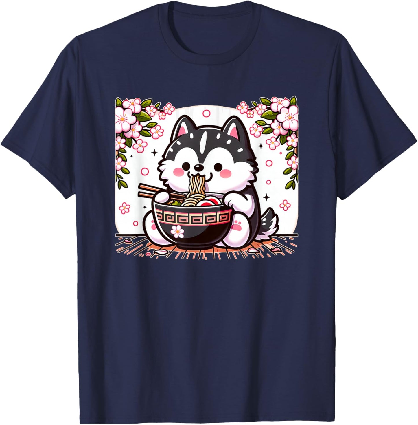 Kawaii Husky dog Eating Ramen T-Shirt - T-Shirt | Navy