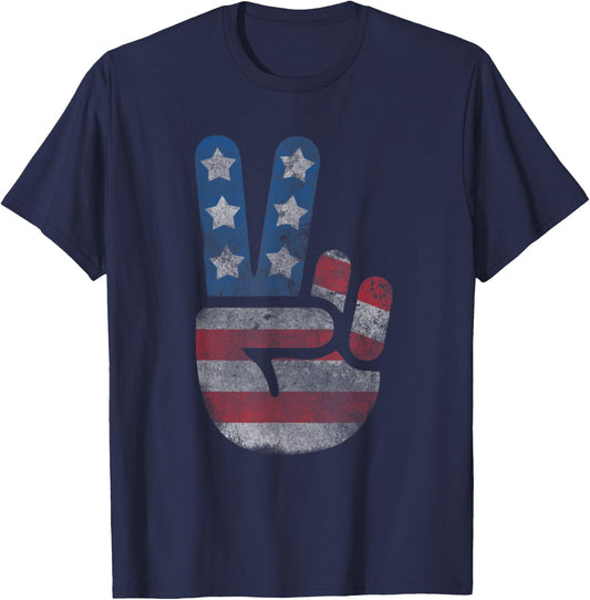 USA Flag Peace Sign Victory Fingers Patriotic T-Shirt - T-Shirt | Navy
