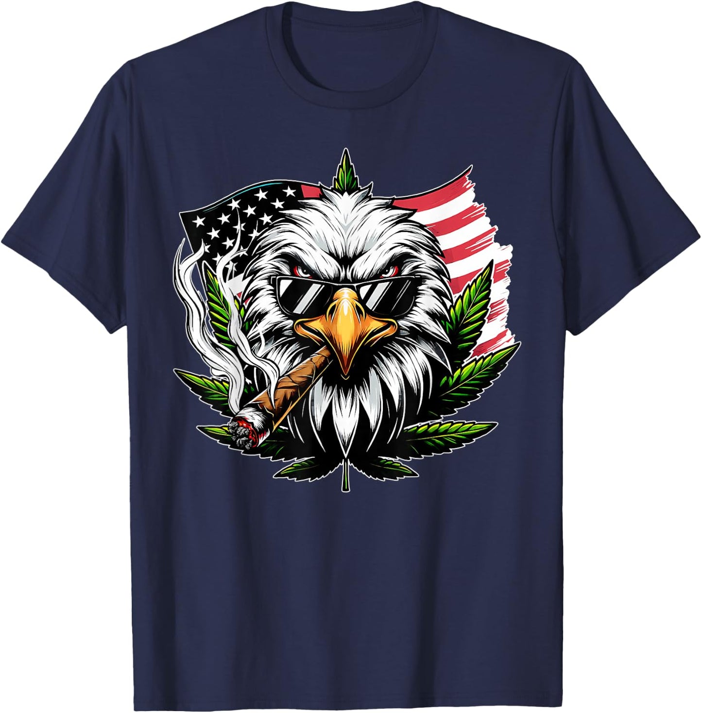 Eagle Smoking Marijuana Us Flag 4th Of July Cannabis Leaf T-Shirt - T-Shirt | Navy