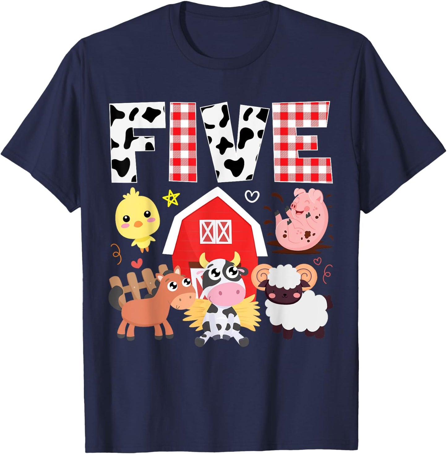 5th Birthday Five Year Old Farm Theme Animals Birthday Party T-Shirt - T-Shirt | Navy
