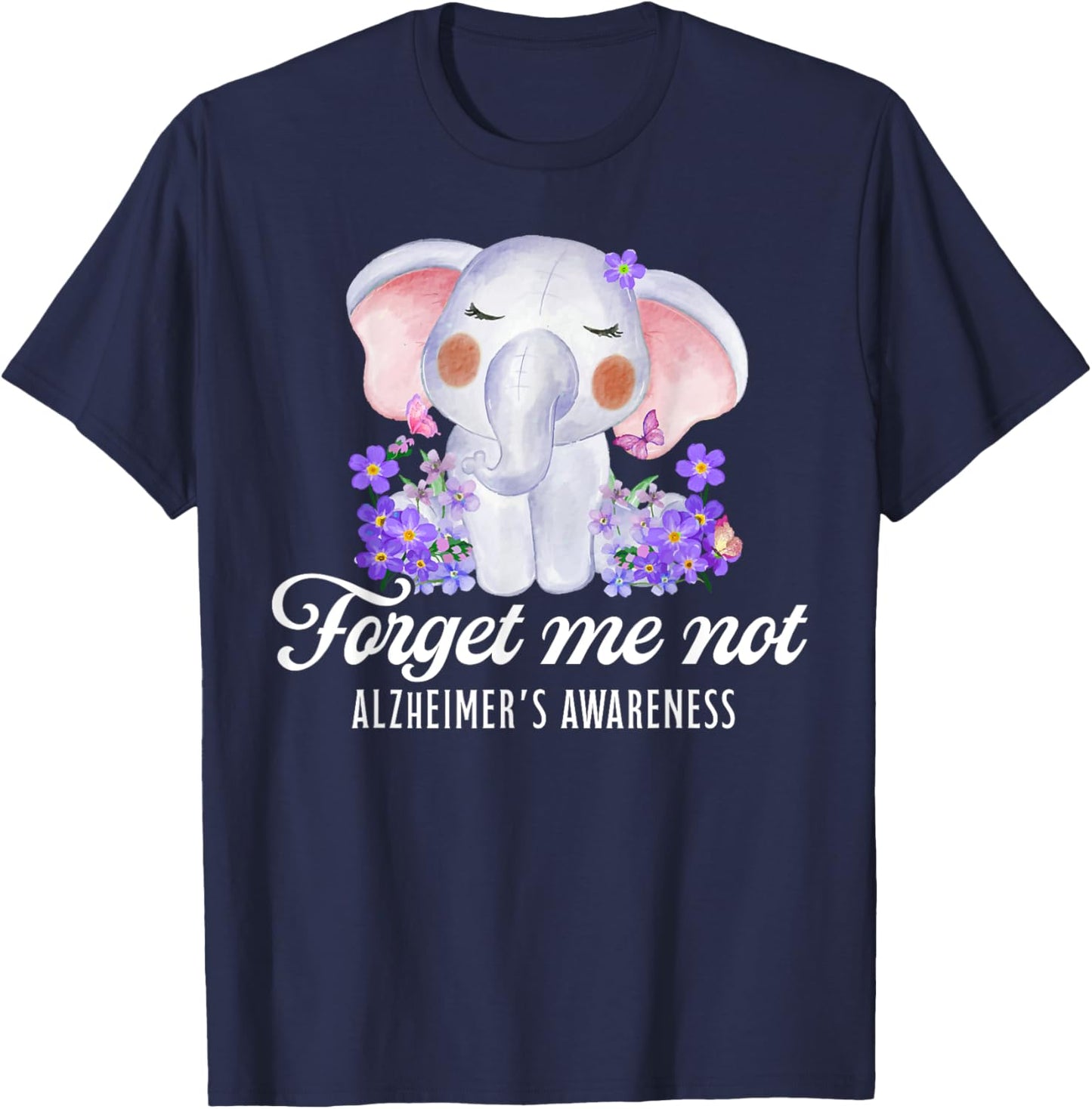 Alzheimer's Awareness Forget Me Not Flower Purple Elephant T-Shirt - T-Shirt | Navy