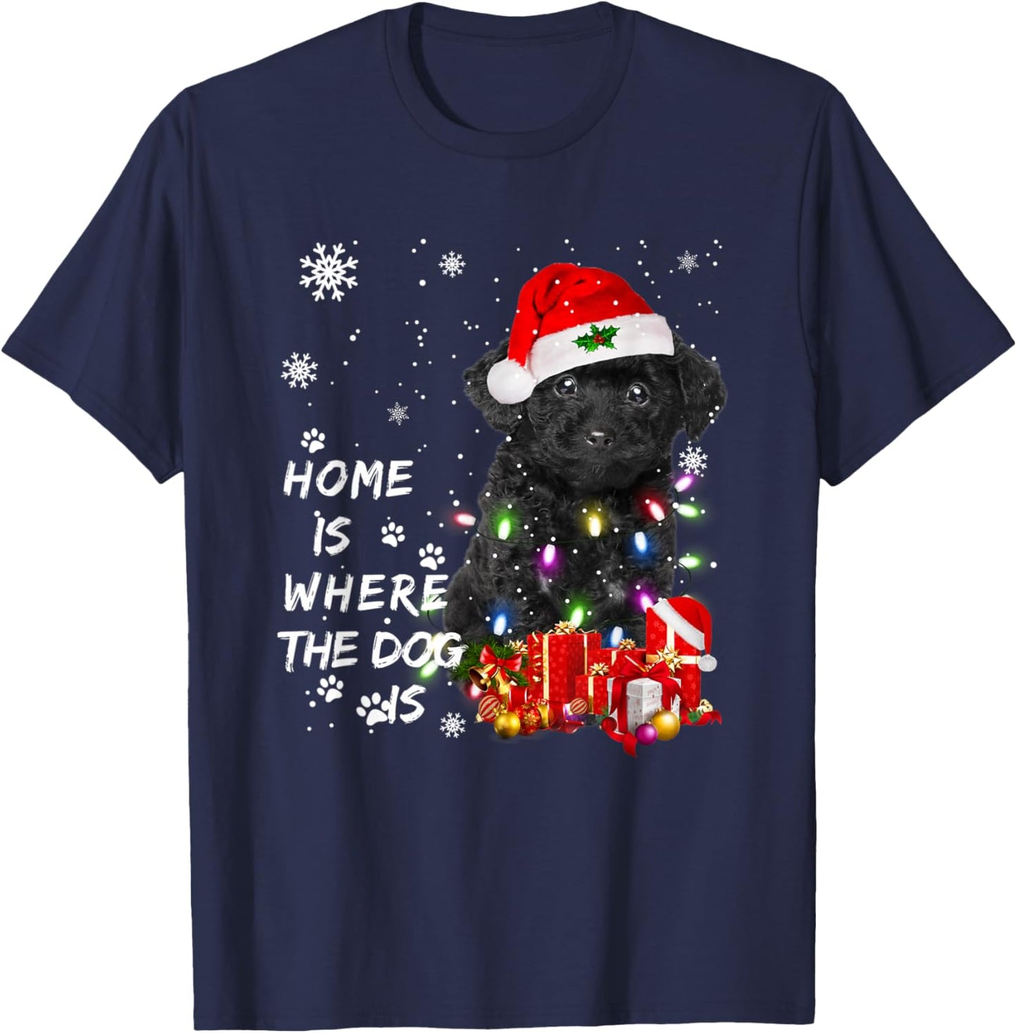 Black Poodle dog Santa Christmas Tree Lights Xmas Boys Dog T-Shirt - T-Shirt | Navy