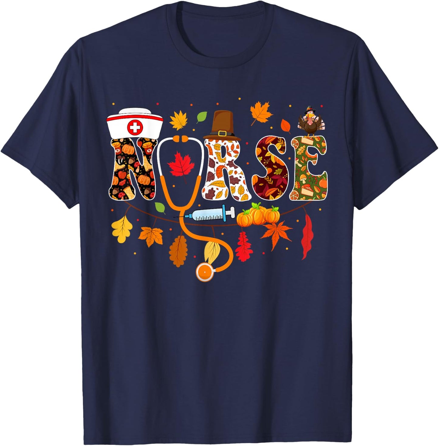Thanksgiving Nurse Fall Nursing Thanksgiving Nurse Turkey RN T-Shirt - T-Shirt | Navy