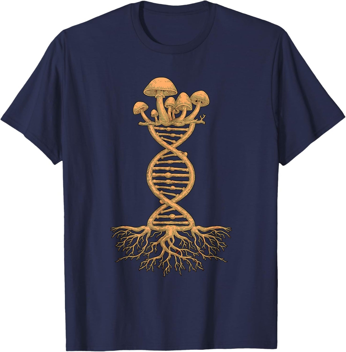 Mushroom DNA Helix Design with Roots and Fungi Artwork T-Shirt - T-Shirt | Navy