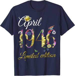 April 1946 - 79 Year Old Sunflower Floral 79th Birthday Gift T-Shirt - T-Shirt | Navy