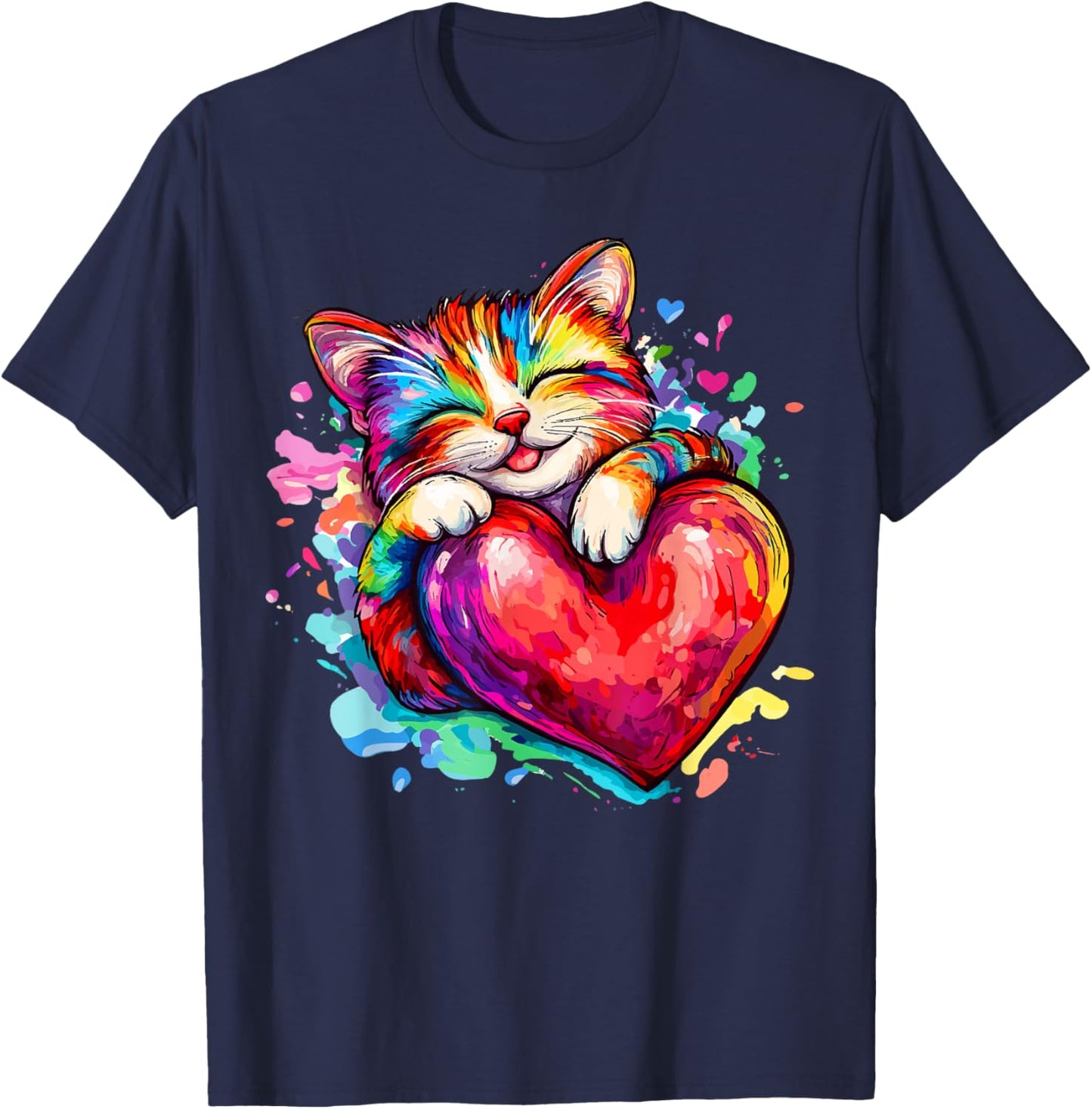 Cat Kitty Hugging Valentine Heart Rainbow Love T-Shirt - T-Shirt | Navy