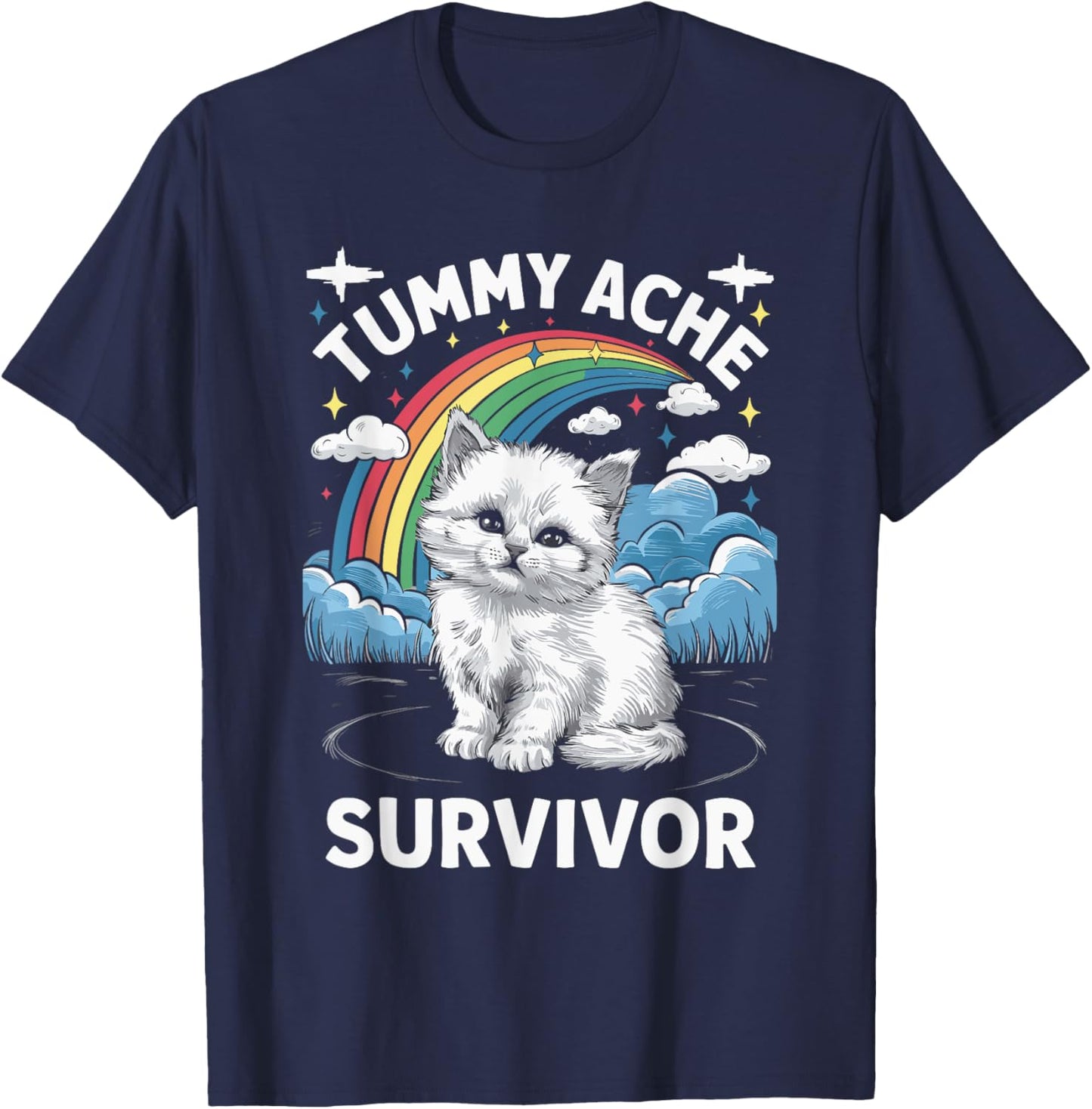 Oddly Specific Meme Stomach Ache Funny Black Tummy Ache Survivor Cat T-Shirt - T-Shirt | Navy