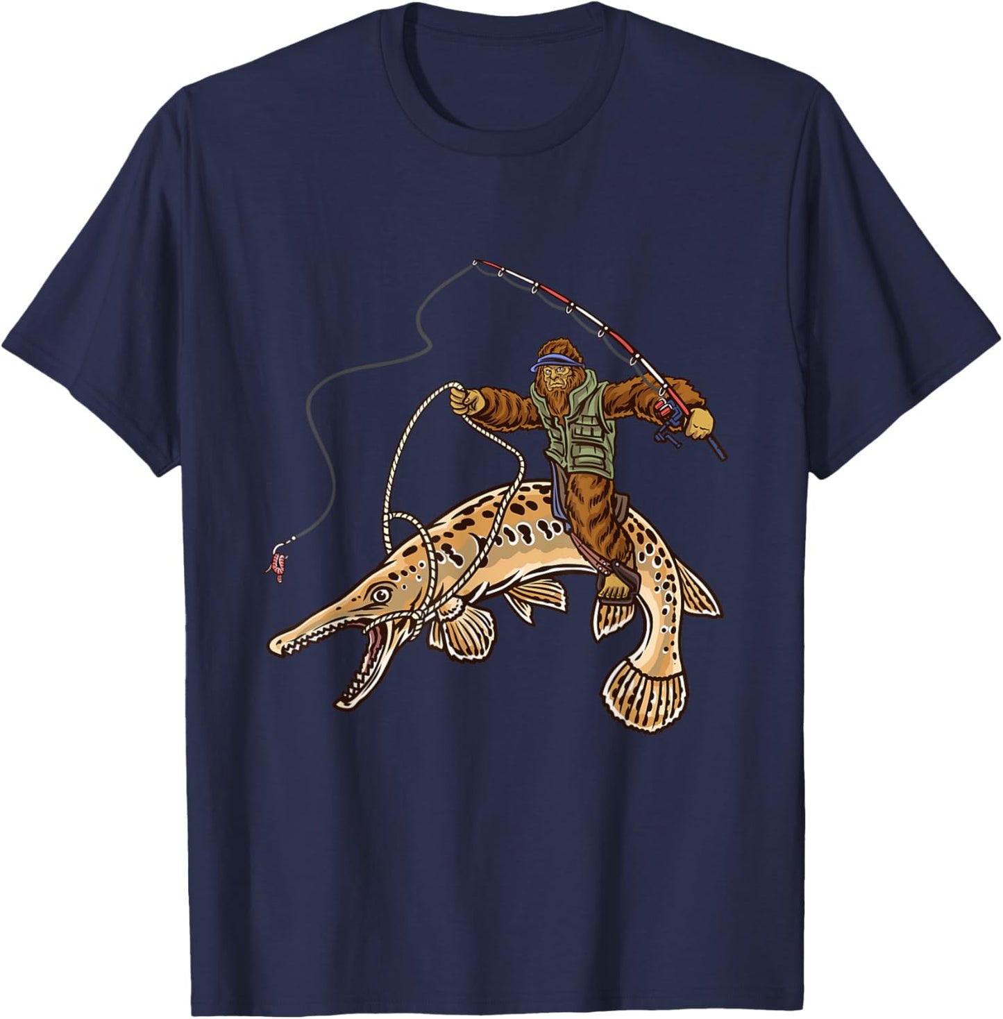 Alligator Gar Fishing Bigfoot Fisherman , Small, Black T-Shirt - T-Shirt | Navy
