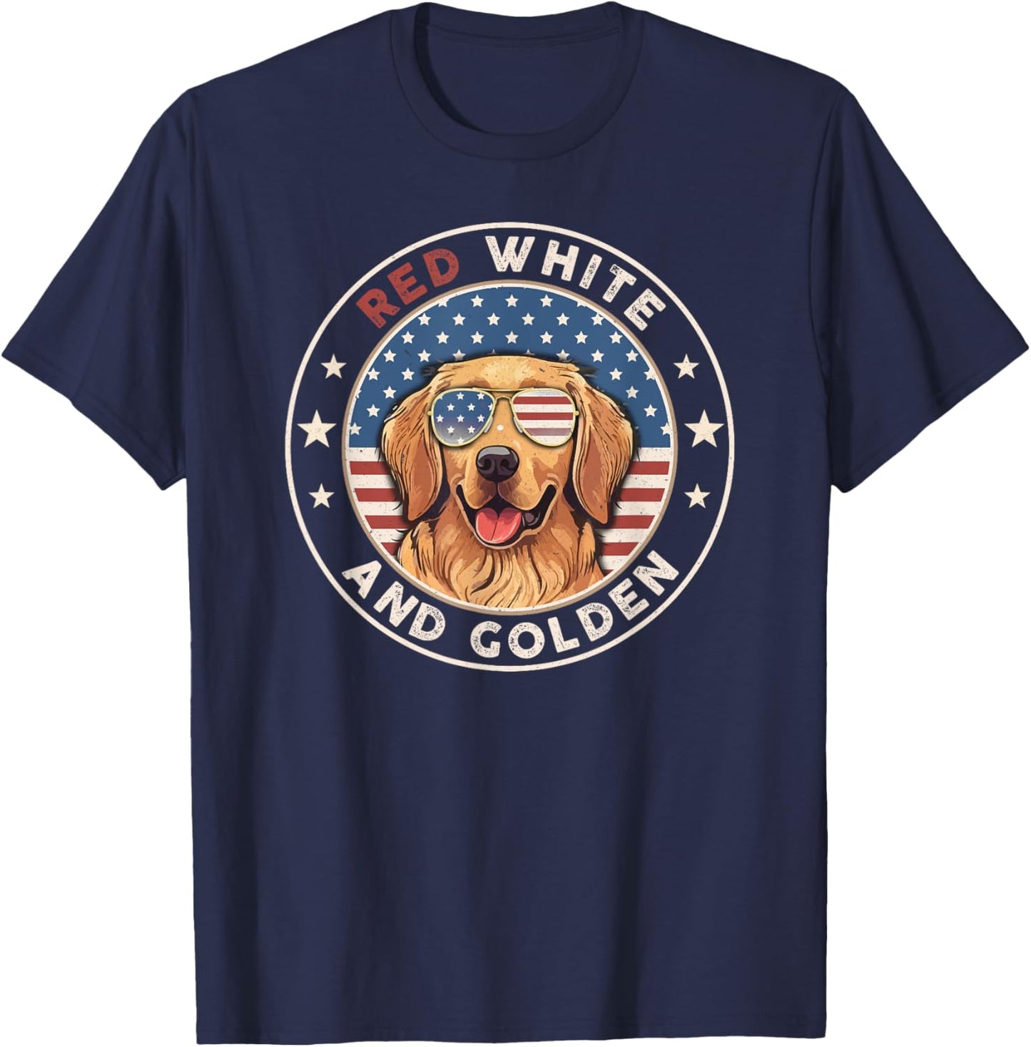 Red White Golden Retriever American Flag 4th of July Gift T-Shirt - T-Shirt | Navy