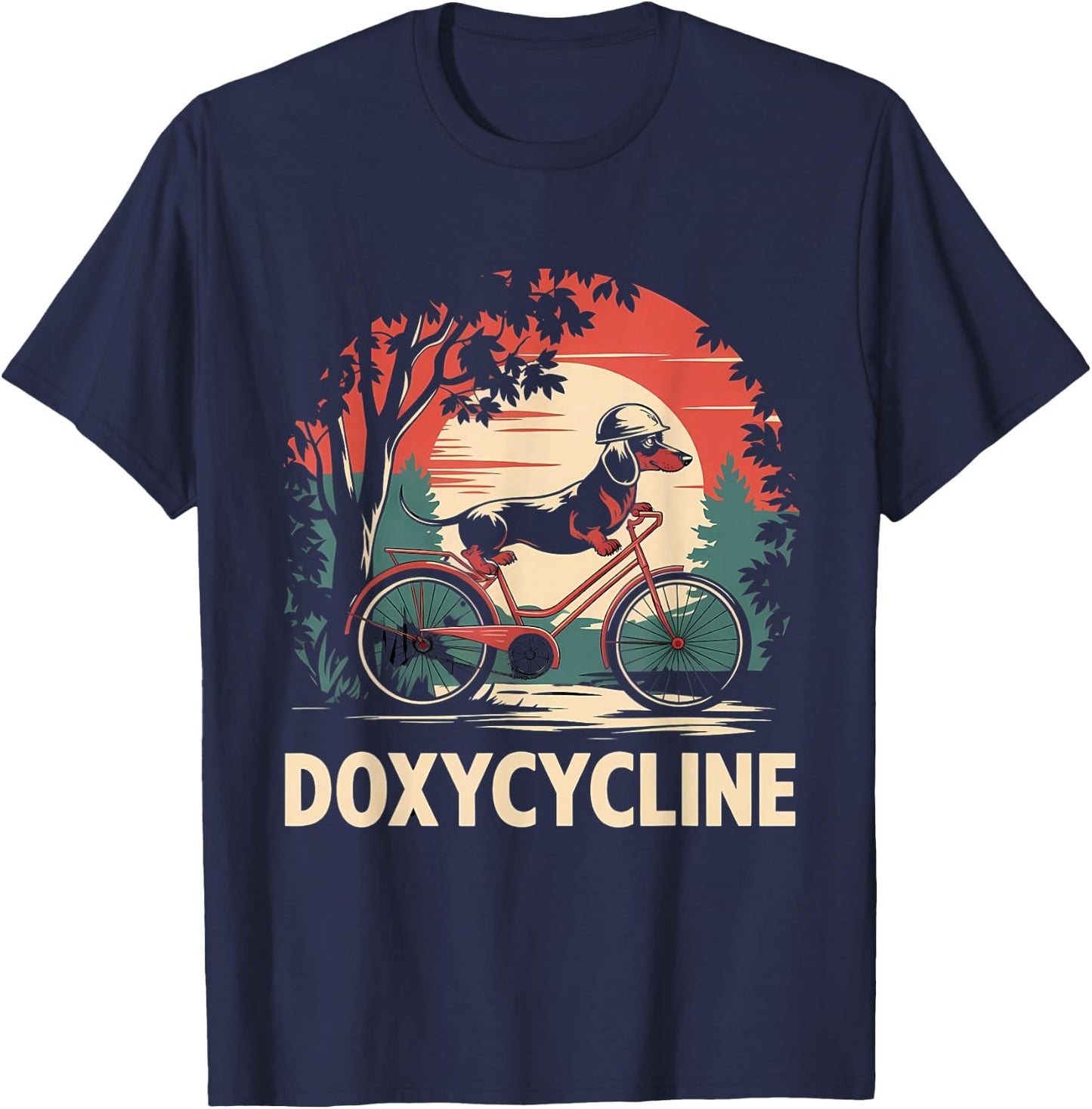 Dachshund on Bicycle Doxycycline Pharmacy Pun Dog Pharmacist T-Shirt - T-Shirt | Navy