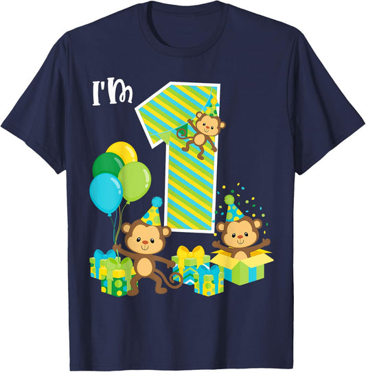 Birthday Monkey 1st Birthday Party One Year Old Kid Toddler T-Shirt - T-Shirt | Navy