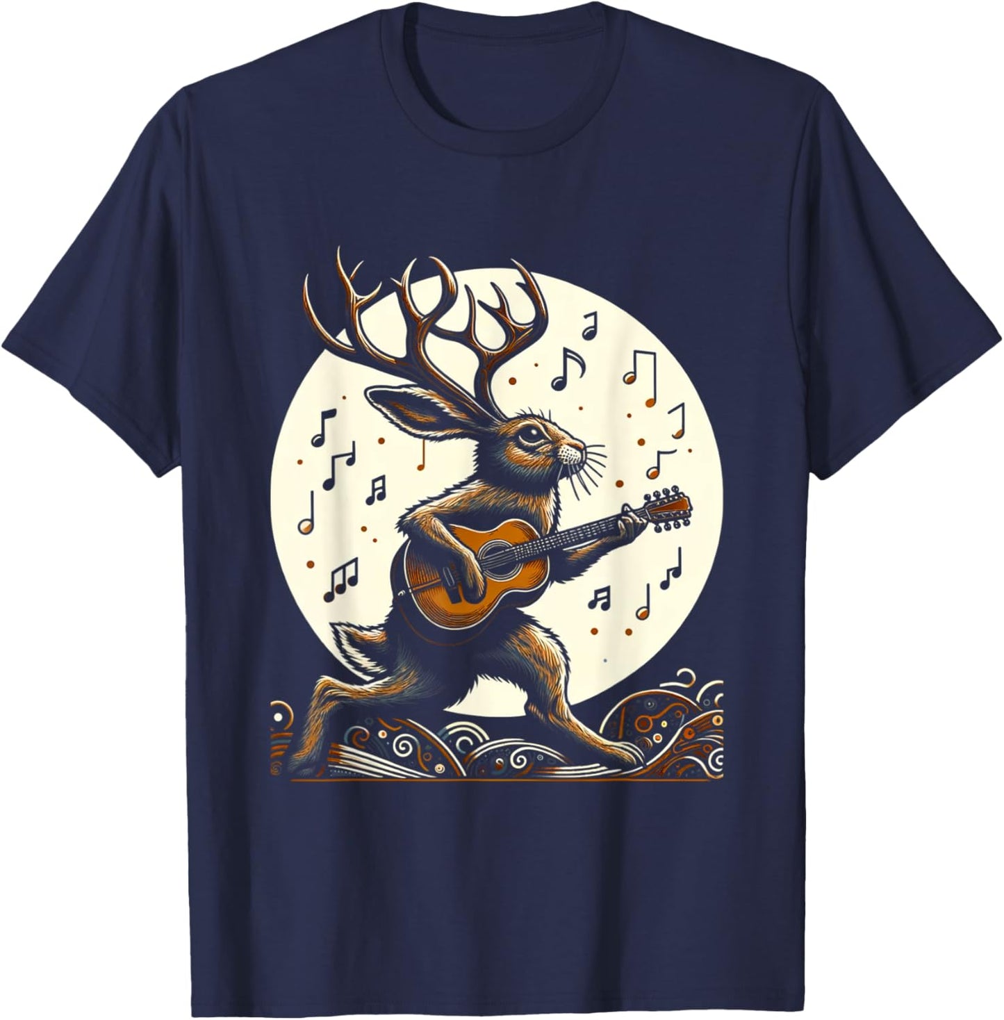 Graphic Art Funny Jackalope Playing Guitar Lovers Animals T-Shirt - T-Shirt | Navy