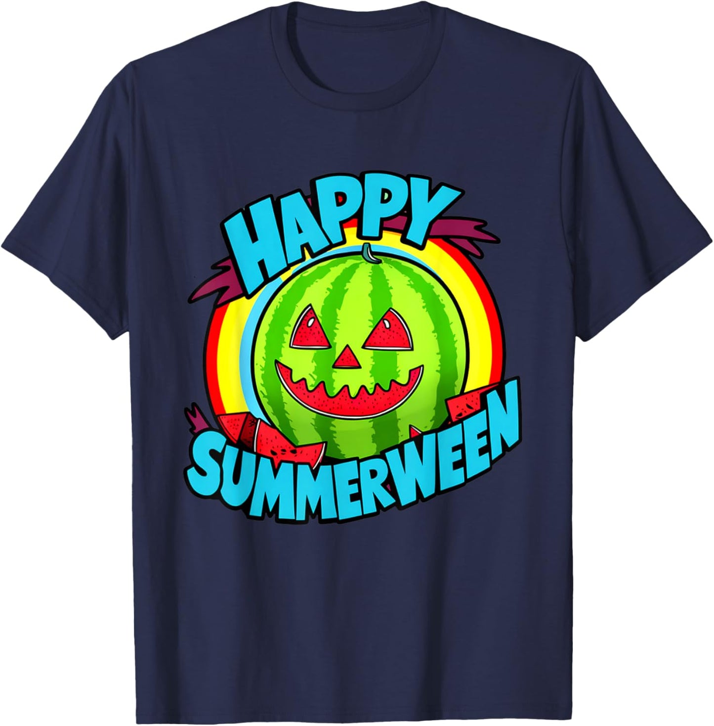 Happy Summerween Summer Watermelon Jack-o-lantern Halloween Men Women T-Shirt - T-Shirt | Navy