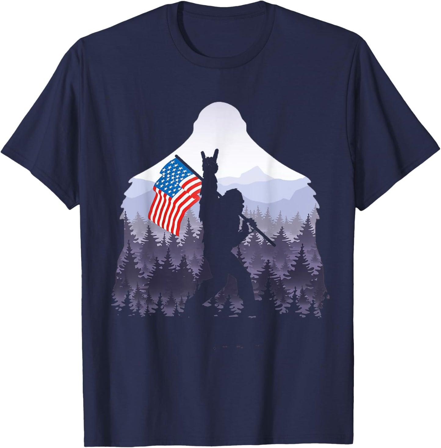 USA flag Bigfoot Victorty sign Peace in the forest camping Women Men T-Shirt - T-Shirt | Navy