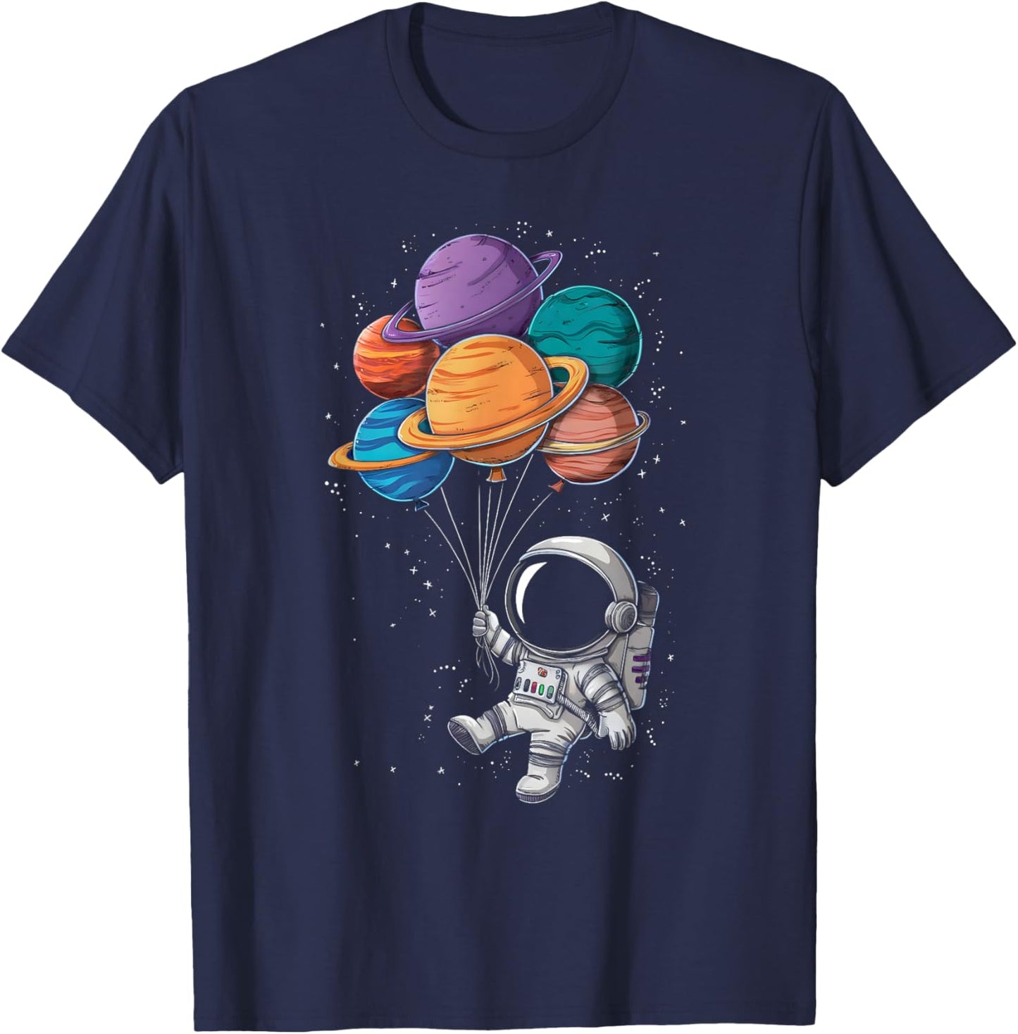 Astronaut Holding Planet Balloons Floating In Space T-Shirt - T-Shirt | Navy