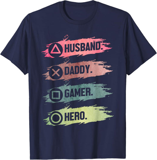 Husband Daddy Gamer Hero Funny Gaming Dad Father's Day T-Shirt - T-Shirt | Navy