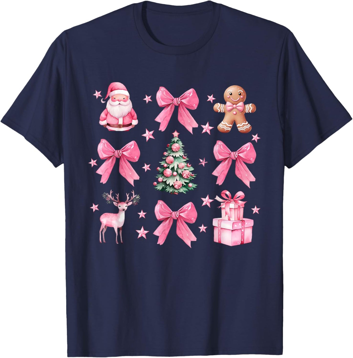 Cute Coquette Bow Pink Christmas Tree Santa Gingerbread Xmas T-Shirt - T-Shirt | Navy