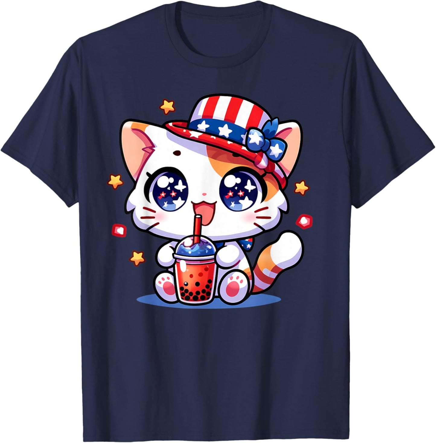 Cute 4th of July Cat Shirt Girls Kids Kawaii Anime Boba Tea T-Shirt - T-Shirt | Navy