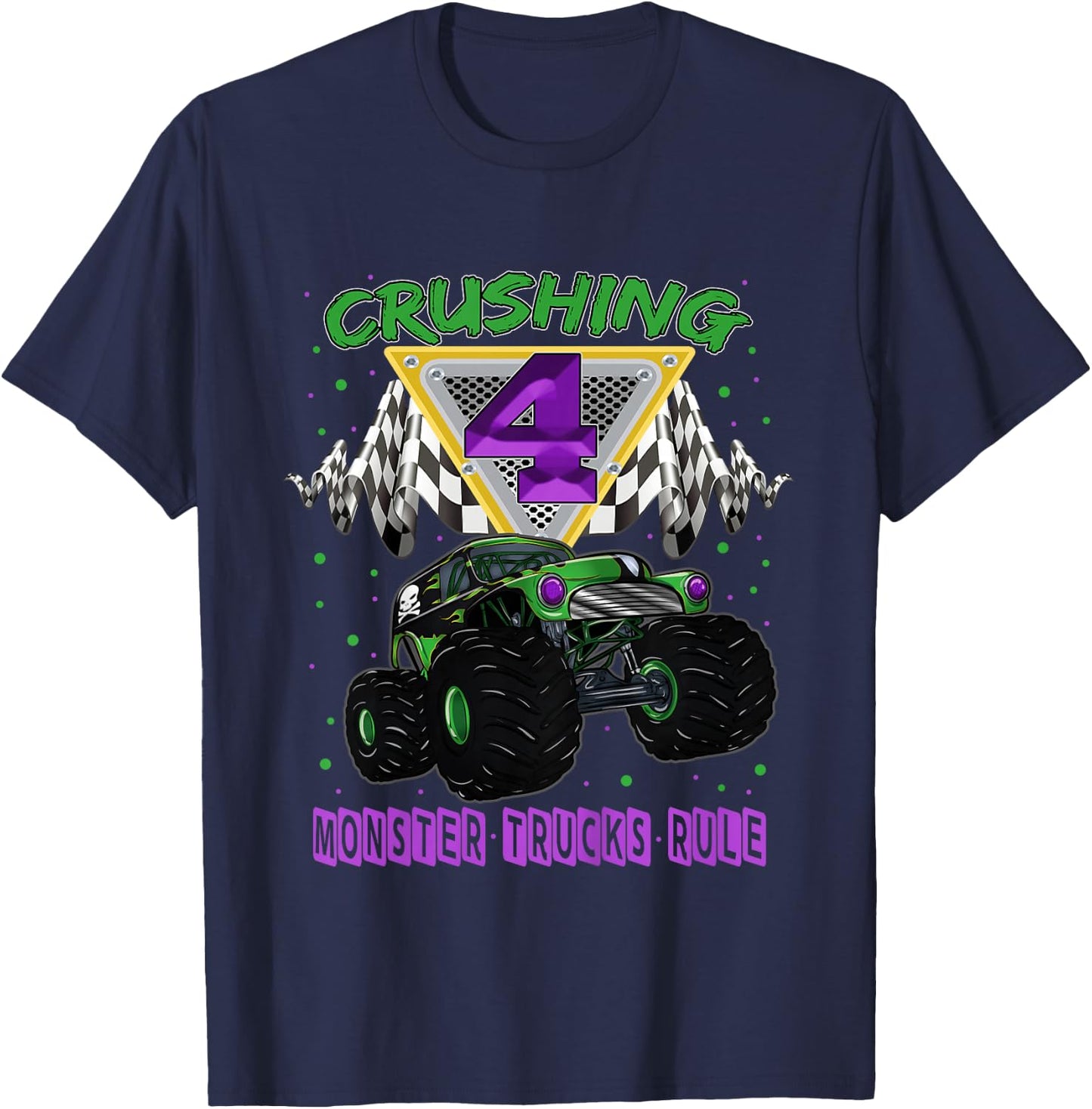 Monster Truck Crushing 4 Years Old Four 4th Birthday T-Shirt - T-Shirt | Navy