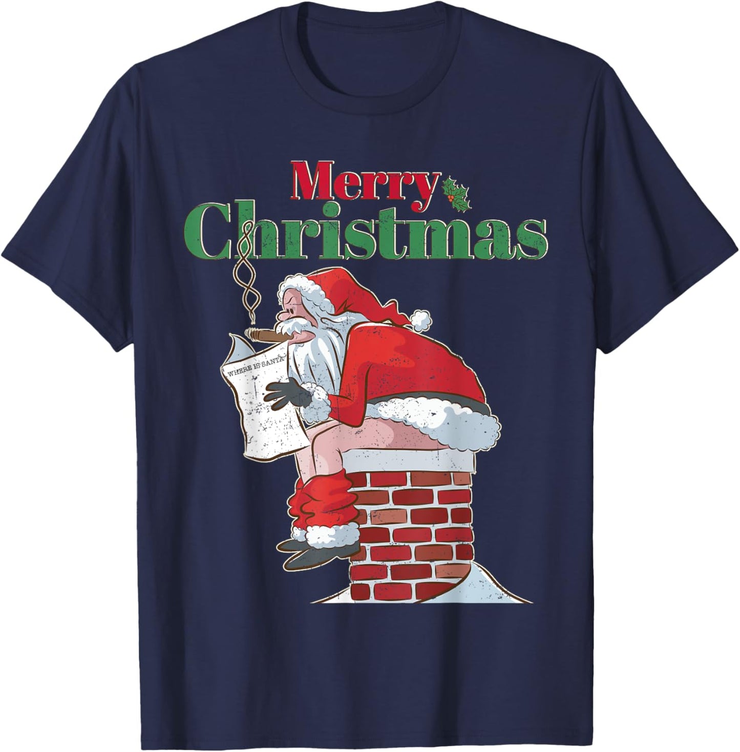 Funny Santa Pooping Down Chimney Xmas Christmas Gifts T-Shirt - T-Shirt | Navy