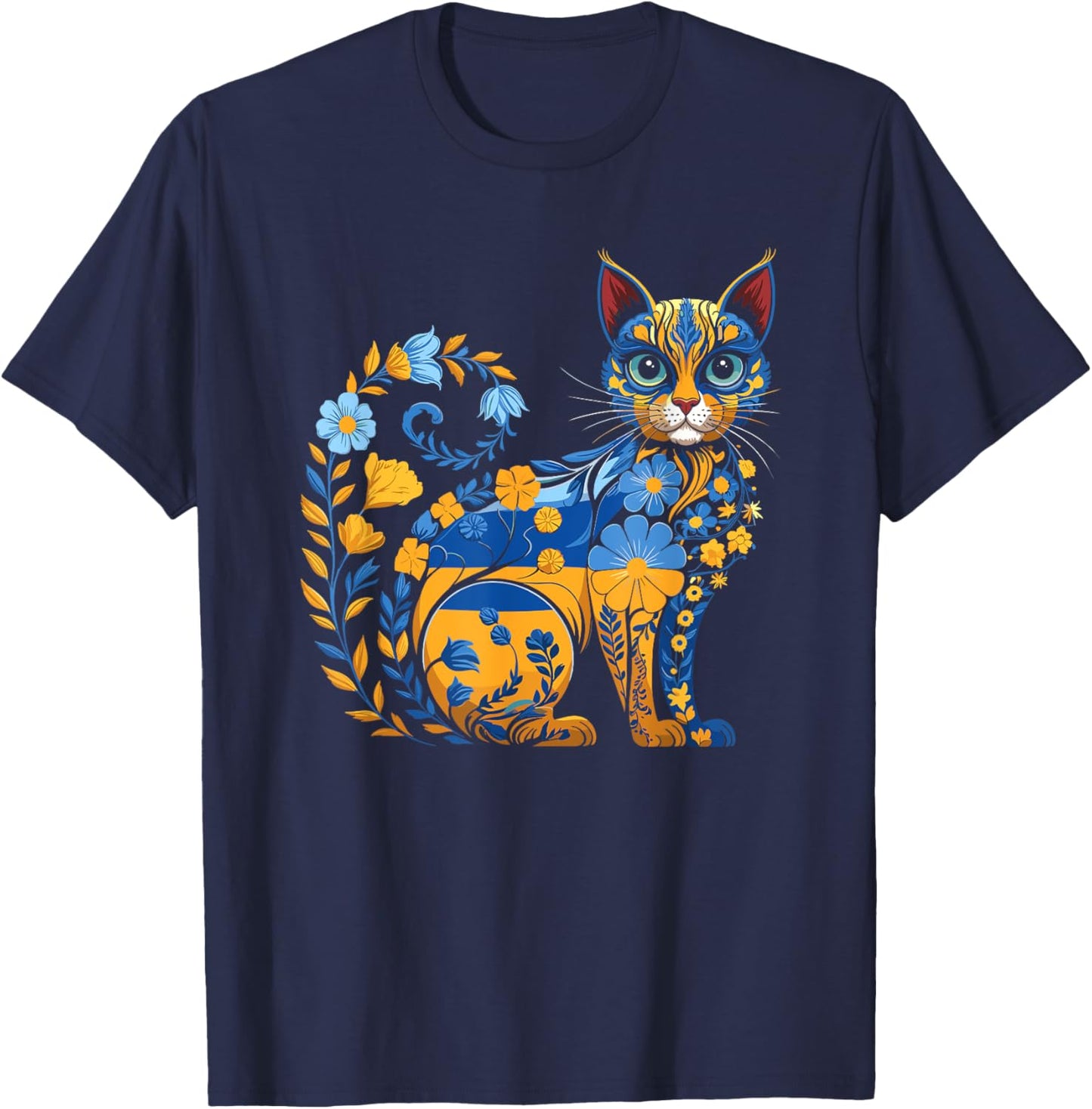 Ukrainian Flag Vintage Ukrainian Style Vyshyvanka Ukrainian Cat Pattern , Black, S T-Shirt - T-Shirt | Navy