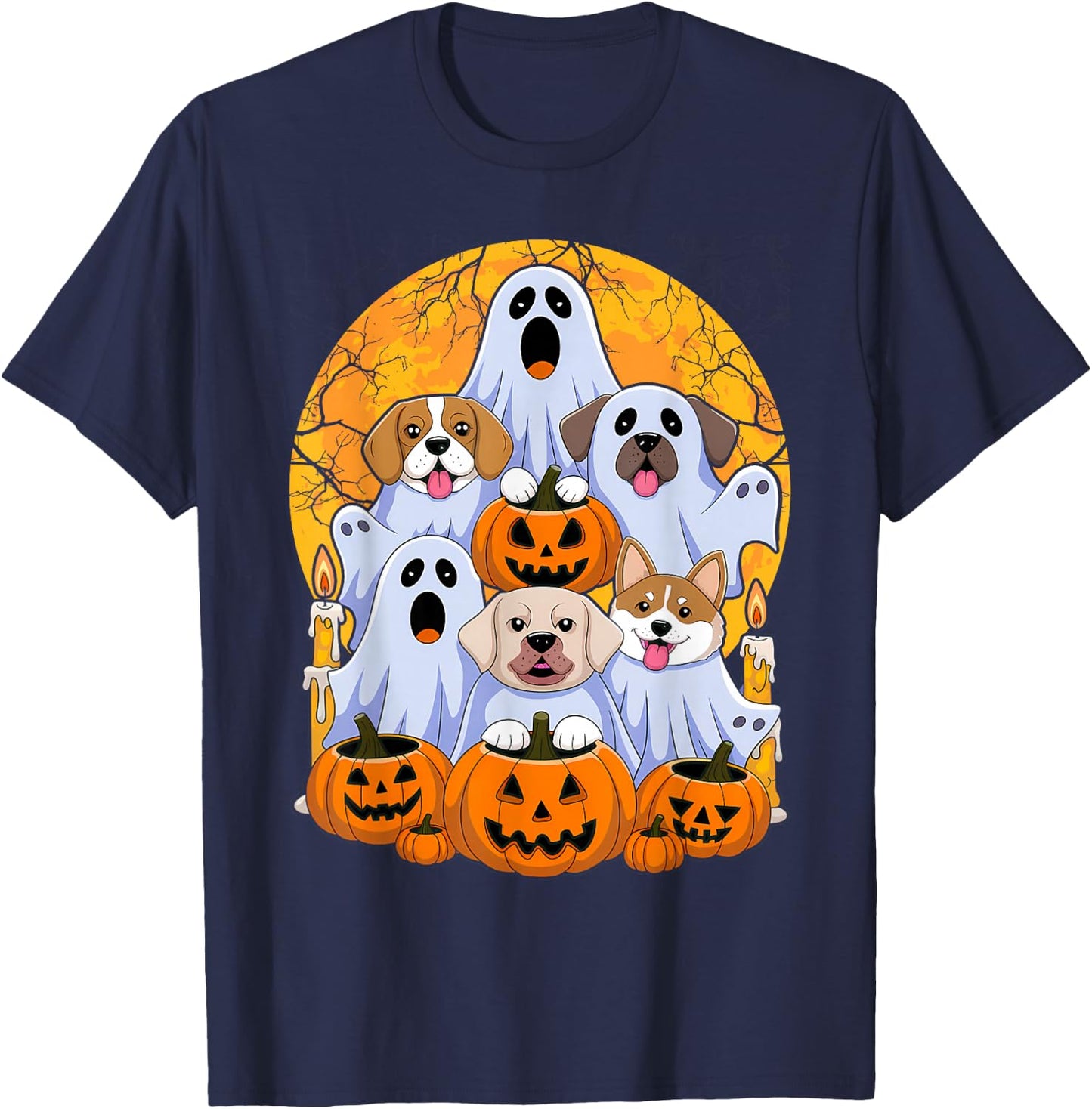 Dog Ghost Cute Dog Dressed As Ghost Funny Halloween Dog T-Shirt - T-Shirt | Navy