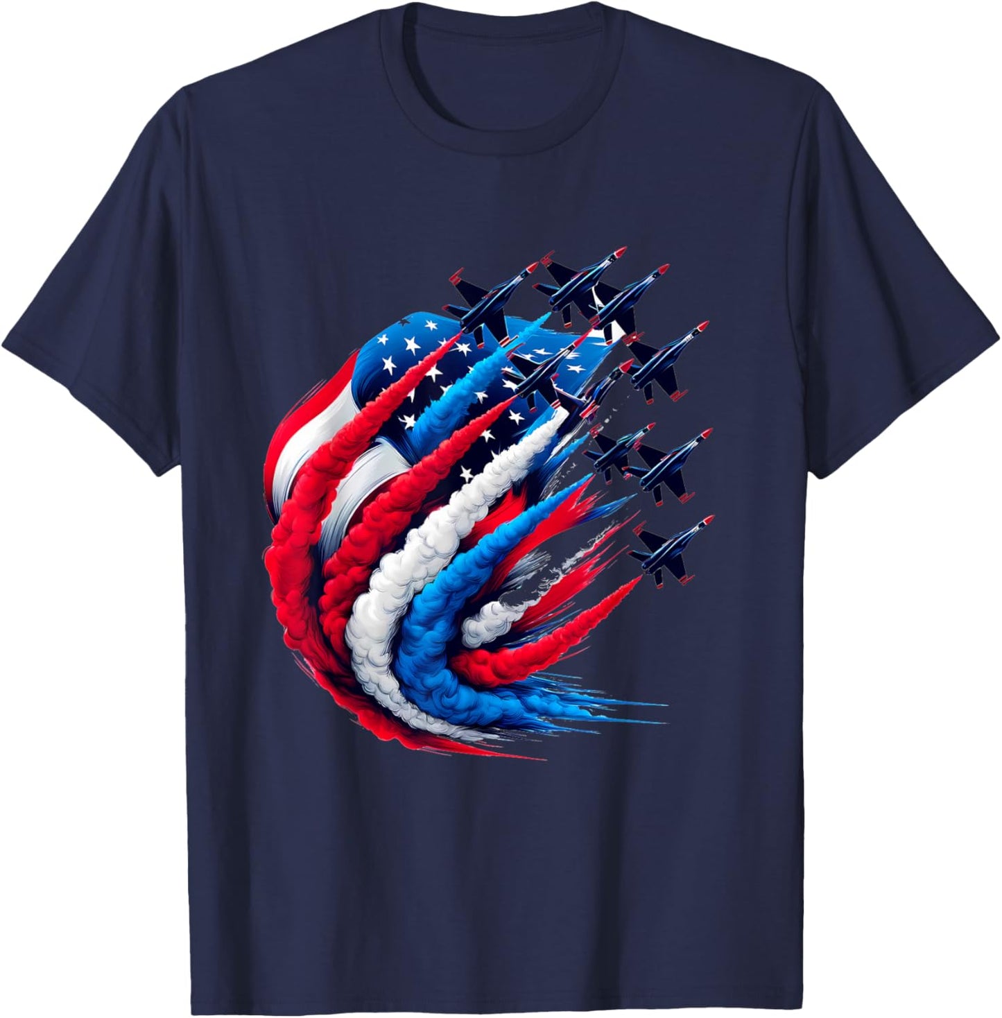 Red White and Blue Aviation Fighter Jet Smoke American Flag Women Men T-Shirt - T-Shirt | Navy