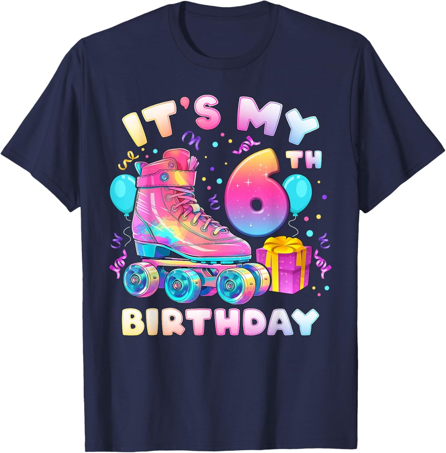 6th Birthday Girl 6 Years Roller Skates Number 6 T-Shirt - T-Shirt | Navy