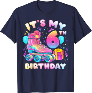 6th Birthday Girl 6 Years Roller Skates Number 6 T-Shirt - T-Shirt | Navy