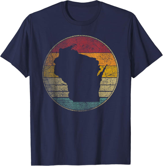 Wisconsin Vintage Distressed Retro Style Silhouette State T-Shirt - T-Shirt | Navy