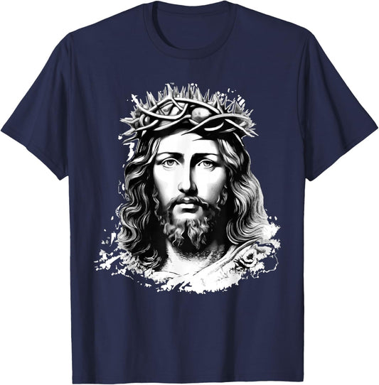 Face of Jesus Christ Crown of Thorns Catholic Faith T-Shirt - T-Shirt | Navy