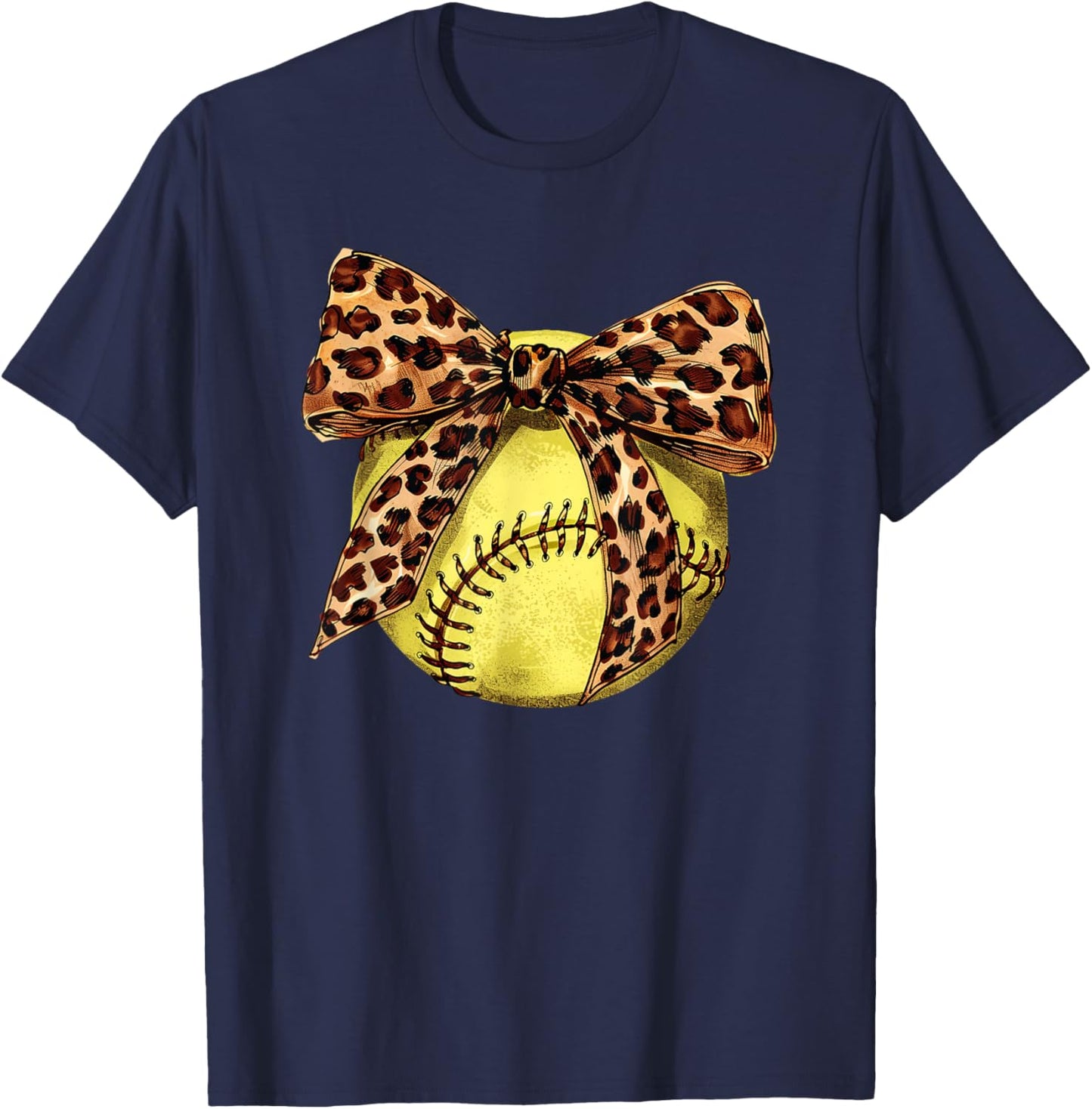 Girls Softball Leopard Animal Print Bow Ribbon Mom Daughter T-Shirt - T-Shirt | Navy