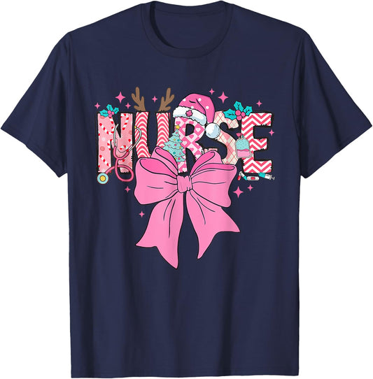 Coquette Nurse Christmas Nursing Pink Tone Bow Xmas Plaid T-Shirt - T-Shirt | Navy