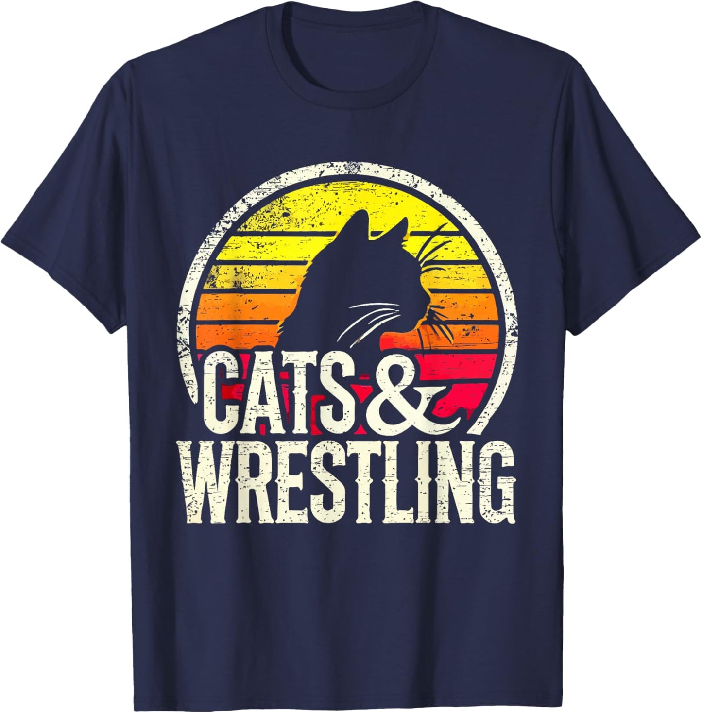 Cats And Wrestling Retro Sunset Silhouette T-Shirt - T-Shirt | Navy