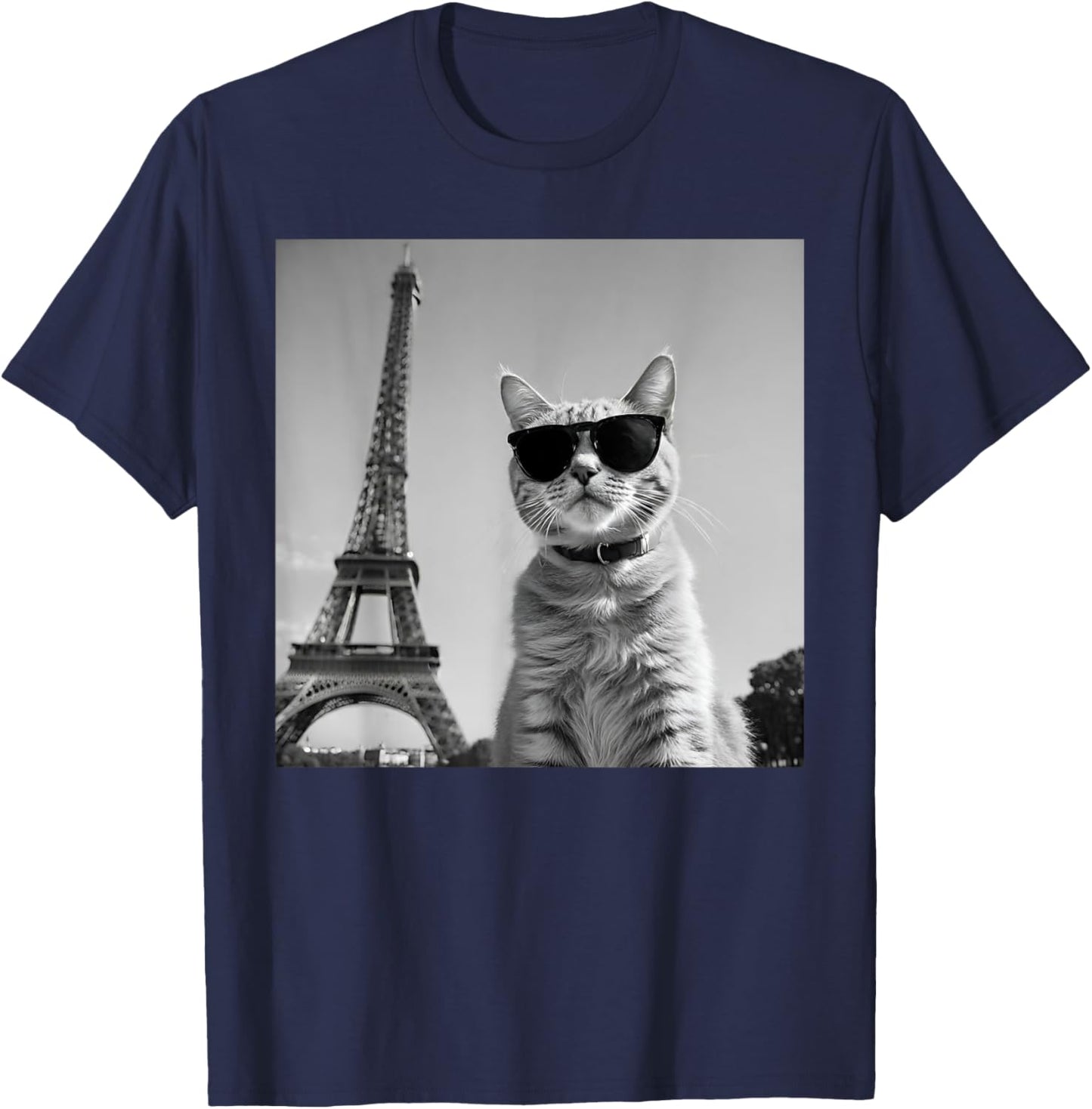 Funny French Cat Wearing Sunglasses And Paris Eiffel Tower T-Shirt - T-Shirt | Navy