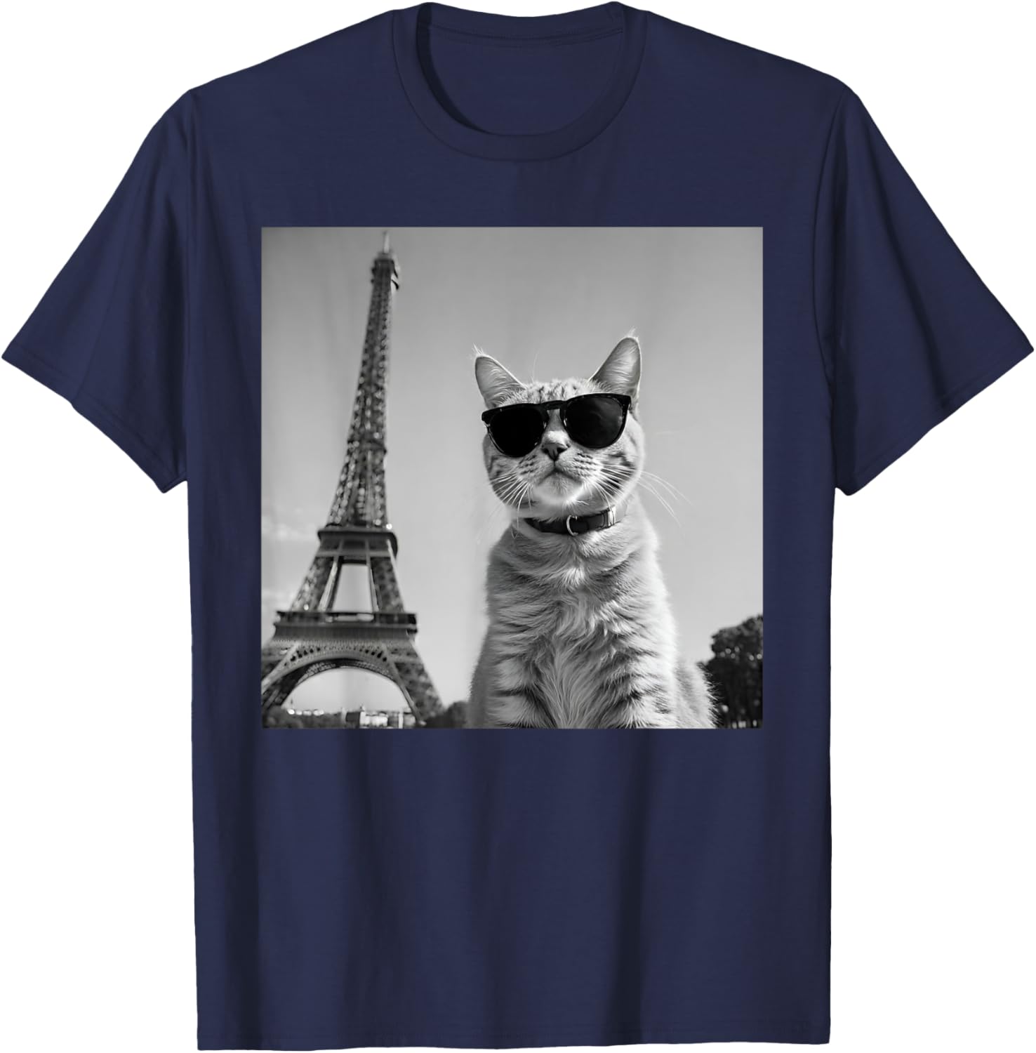 Funny French Cat Wearing Sunglasses And Paris Eiffel Tower T-Shirt - T-Shirt | Navy