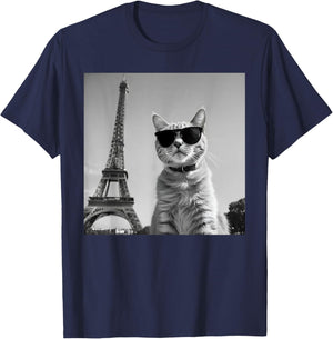 Funny French Cat Wearing Sunglasses And Paris Eiffel Tower T-Shirt - T-Shirt | Navy