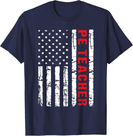 PE Physical Education Teacher P.E. USA Flag Patriot Coach T-Shirt - T-Shirt | Navy