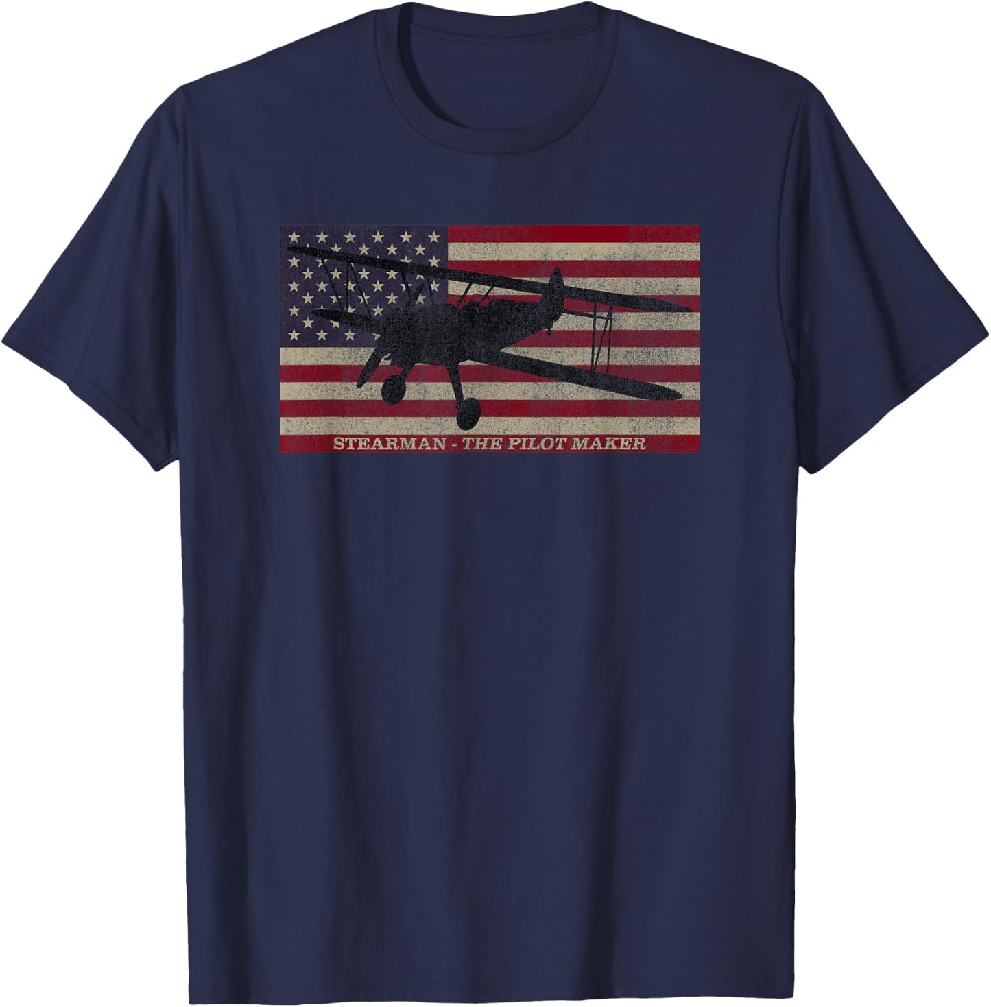 PT-13 Stearman American Biplane Pilot Trainer Vintage Flag T-Shirt - T-Shirt | Navy