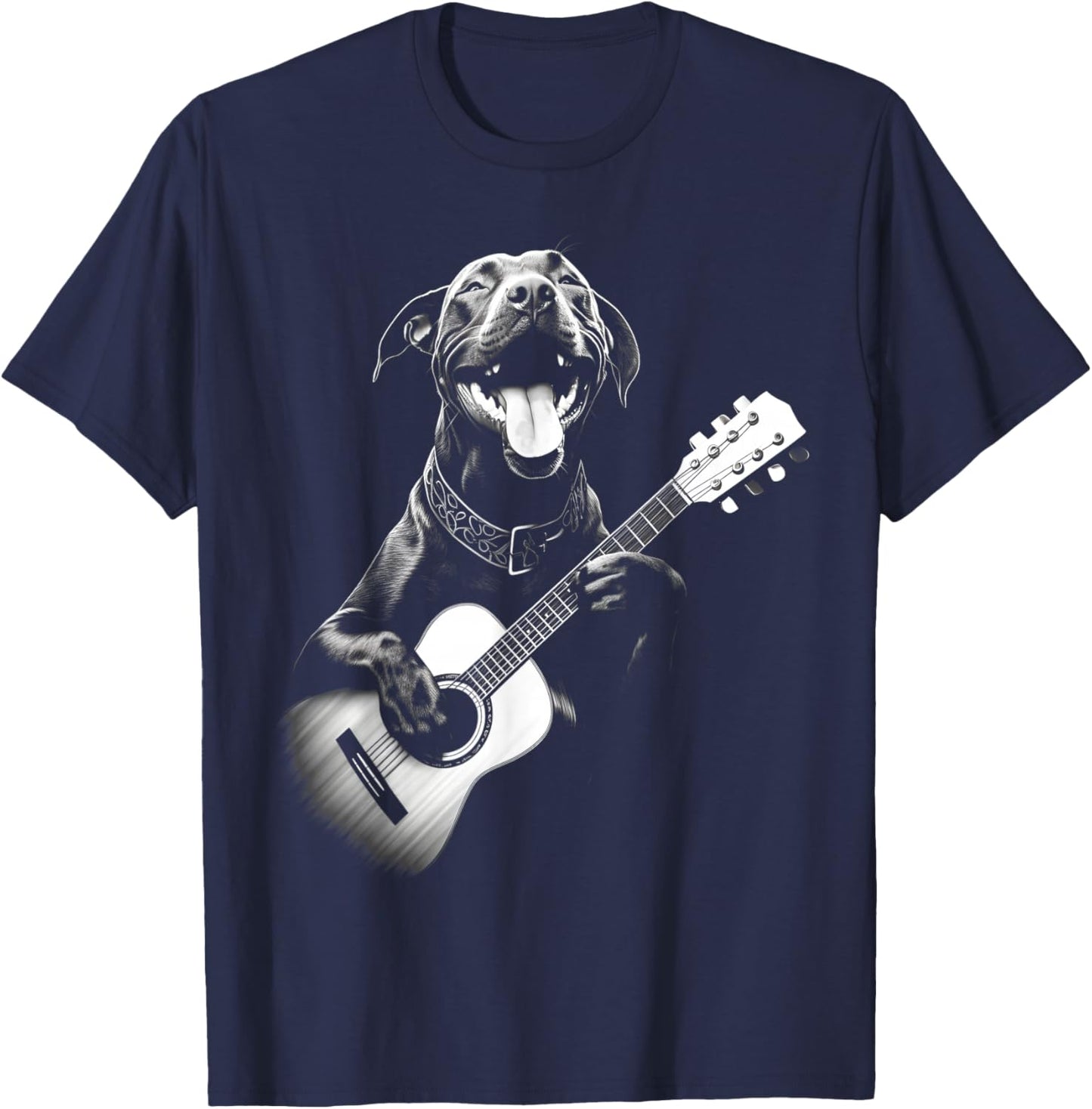 American Pitbull Playing Guitar - Funny Guitar Dog Men Women Kids T-Shirt - T-Shirt | Navy