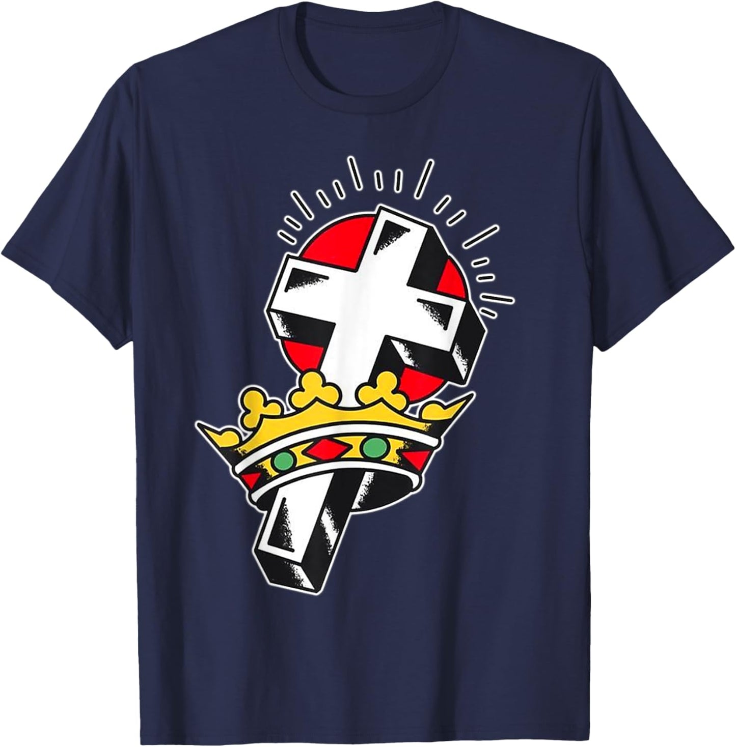 Crown x Crucifix Traditional Tattoo Flash T-Shirt - T-Shirt | Navy