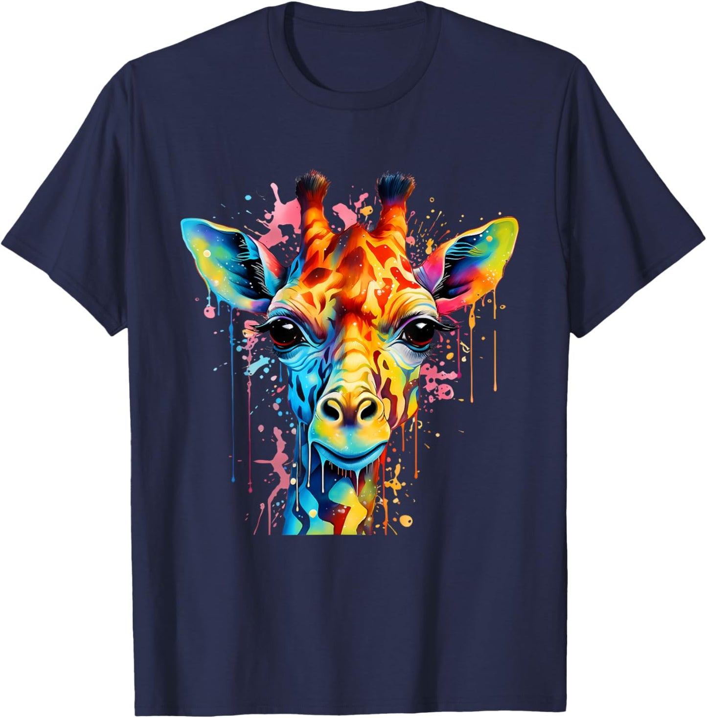Giraffe Portrait Colorful Splash Artwork Wildlife Savanna T-Shirt - T-Shirt | Navy
